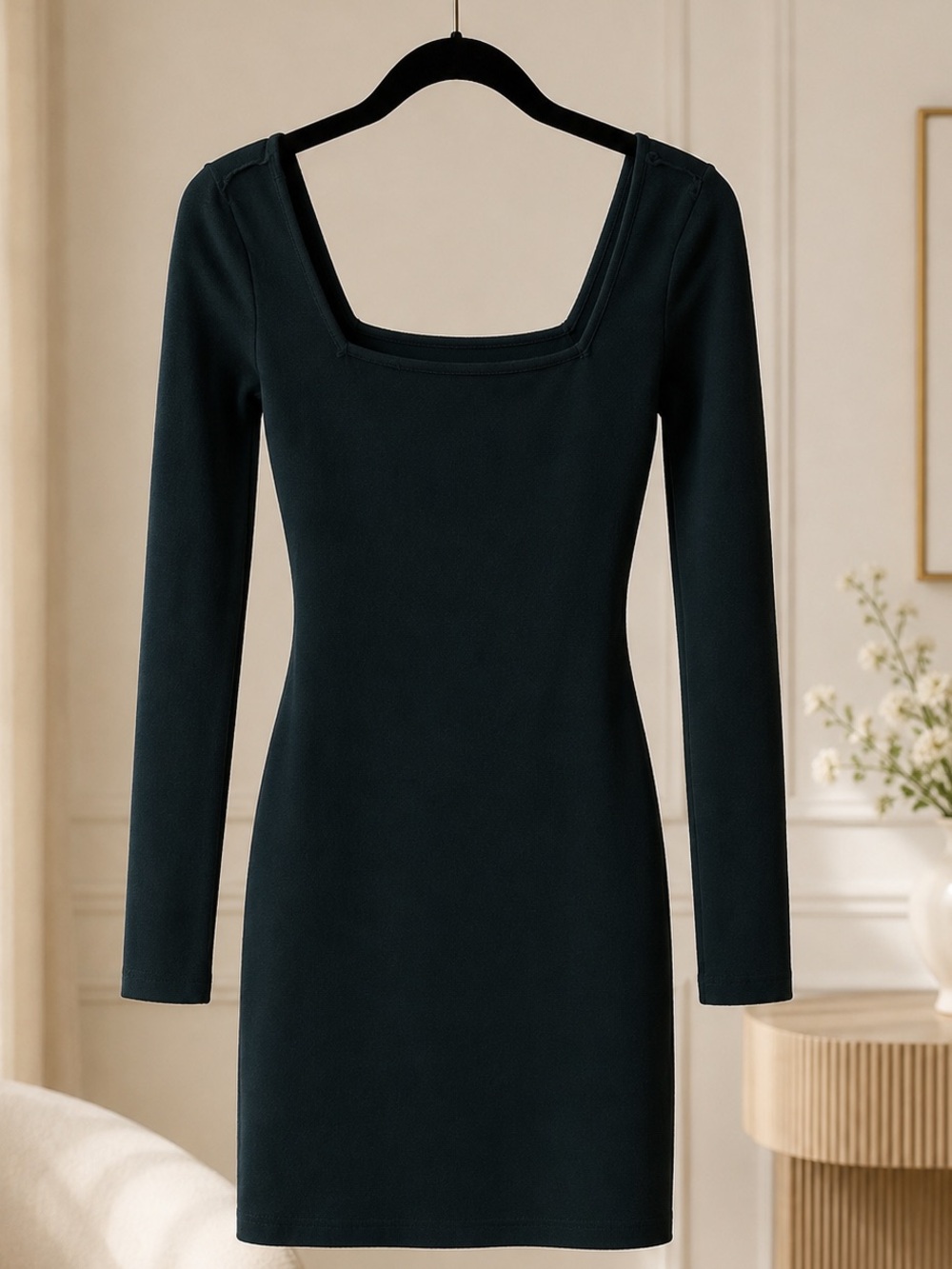 Forever 21 Long Sleeve Square Neck Bodycon Dress in Deep Teal